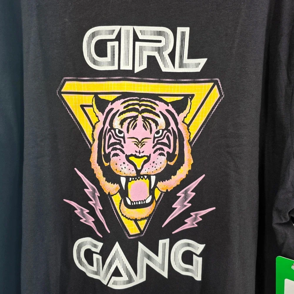 Tipsy‎ Elves Gray Girl Gang Tiger Graphic Print Crew Neck Short Sleeve 2XL NWT